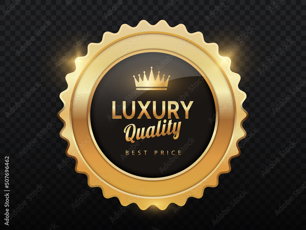 Luxury golden badges. Quality assurance of goods in online store. Graphic elements to highlight product that users liked more, achievement and reward. Realistic isometric vector illustration Luxury golden badges. Quality assurance of goods in online store. Graphic elements to highlight product that users liked more, achievement and reward. Realistic isometric vector illustration