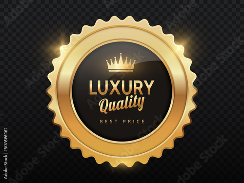 Luxury golden badges. Quality assurance of goods in online store. Graphic elements to highlight product that users liked more, achievement and reward. Realistic isometric vector illustration