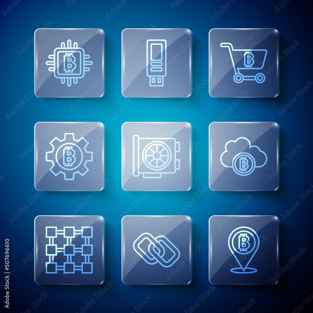 Set line Blockchain technology, Chain link, Bitcoin, Shopping cart with bitcoin, Video graphic card, Cryptocurrency, CPU mining farm and cloud icon. Vector Set line Blockchain technology, Chain link, Bitcoin, Shopping cart with bitcoin, Video graphic card, Cryptocurrency, CPU mining farm and cloud icon. Vector
