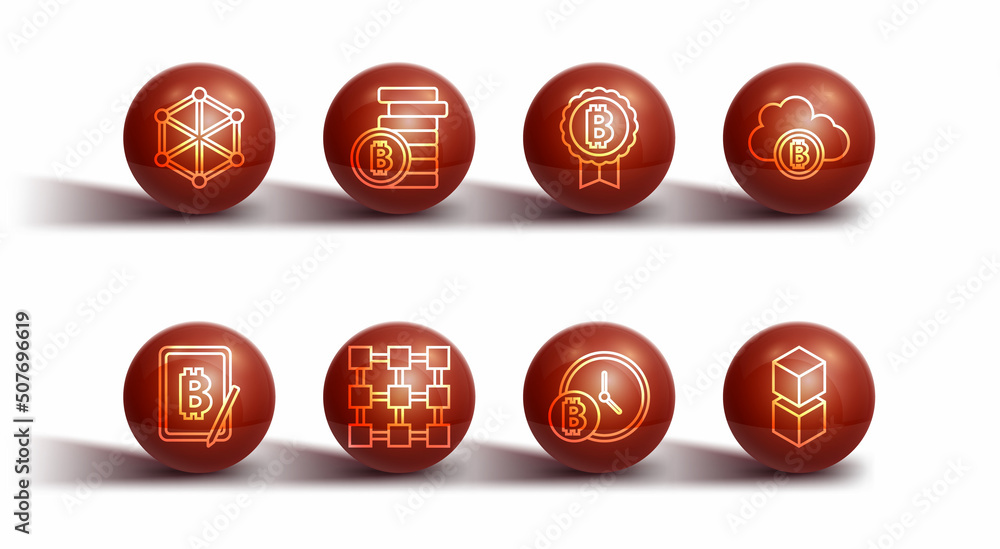 Set line Blockchain technology, Mining bitcoin from tablet, Cryptocurrency cloud mining, Bitcoin with clock, and icon. Vector Set line Blockchain technology, Mining bitcoin from tablet, Cryptocurrency cloud mining, Bitcoin with clock, and icon. Vector