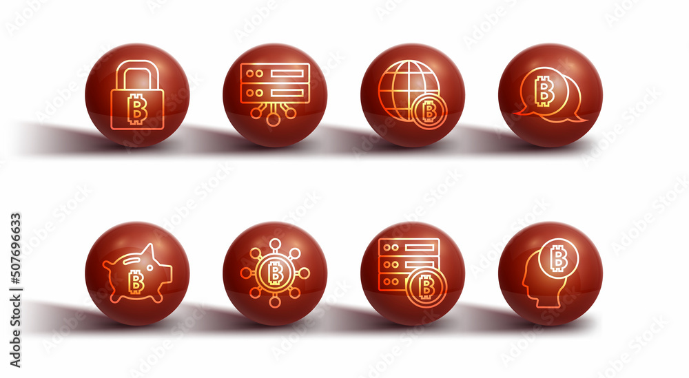 Set line Lock with bitcoin, Piggy bank, Bitcoin, Server, Blockchain technology, think and Globe icon. Vector Set line Lock with bitcoin, Piggy bank, Bitcoin, Server, Blockchain technology, think and Globe icon. Vector