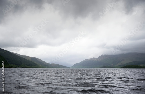 Storm and dark clouds over on open water at Loch Lomond