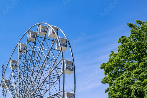 A white Ferris wheel on the left, a tree with green leaves on the right, blue sky in the background.