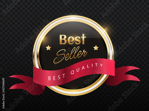 Luxury golden badges. Award for best seller on marketplace. User opinion, motivation and success. Modern marketing methods, rating and rank, feedback. Realistic isometric vector illustration