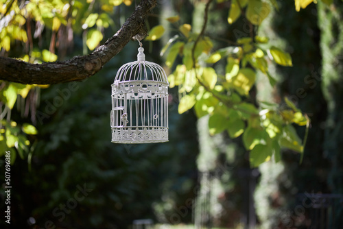 Behang A white birdcage visits the village in the garden