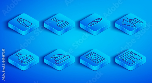 Set line Burrito, Tequila bottle, Cigar, Snake, Mexican carpet, Pinata, and Huehuetl icon. Vector