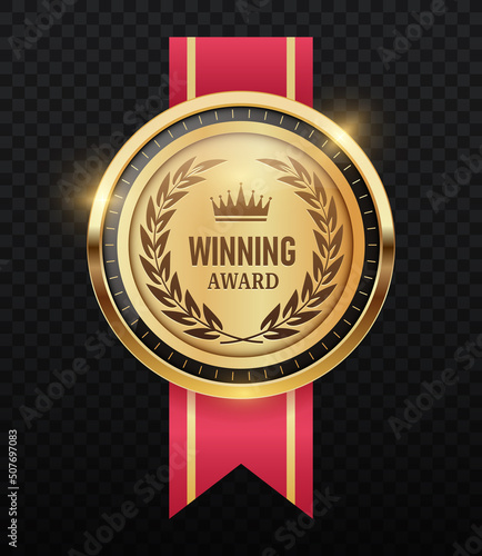 Luxury golden badges. Bright medal for best employee, quality assurance. Trophy for winner in online competitions. Motivation, leadership and success. Realistic isometric vector illustration