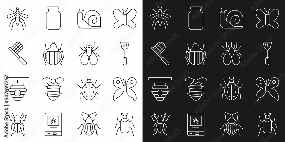 Set line Beetle bug, Butterfly, Fly swatter, Snail, Colorado beetle, net, Mosquito and Insect icon. Vector