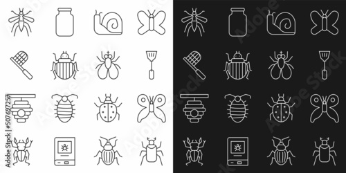 Set line Beetle bug, Butterfly, Fly swatter, Snail, Colorado beetle, net, Mosquito and Insect icon. Vector