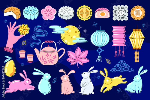 Mid autumn festival element collection. Mooncake, rabbit, lantern