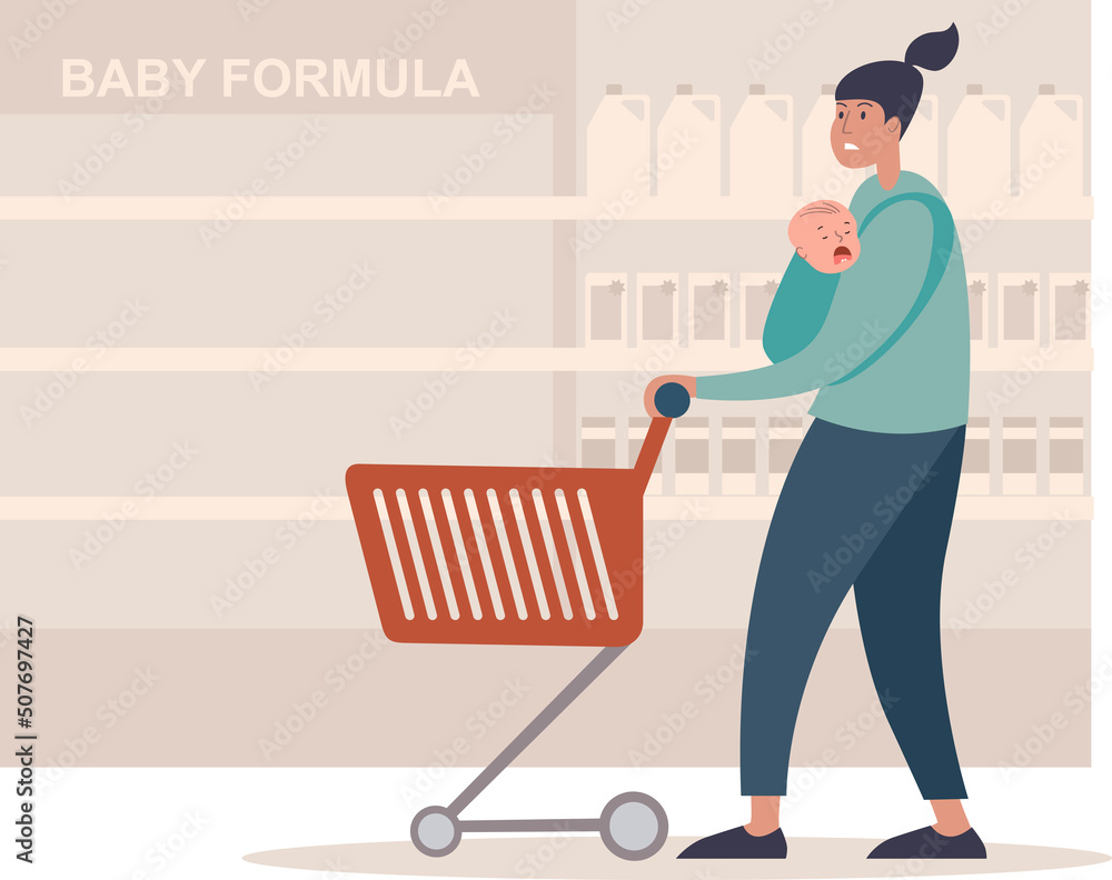 Mother with hungry crying little baby in the supermarket looking at the empty shelves with baby formula. Baby formula shortage concept. Mother with hungry crying little baby in the supermarket looking at the empty shelves with baby formula. Baby formula shortage concept.