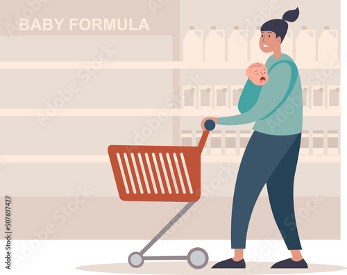 Mother with hungry crying little baby in the supermarket looking at the empty shelves with baby formula.   Baby formula shortage concept. photo