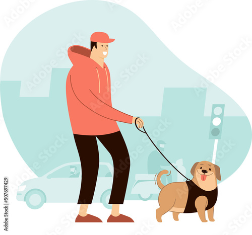 Young Man walking with a dog in the busy city street.