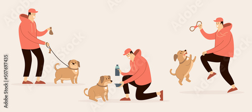 Dog walking and cleaning rules Pet owner clean after his animal, give water, and play with the dog.