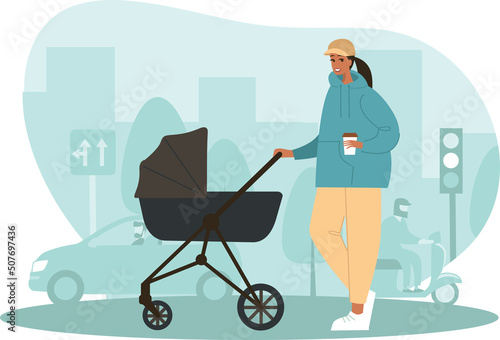 Young mother with a baby stroller walking down the street. Mom or babysitter character with a pram. Motherhood concept