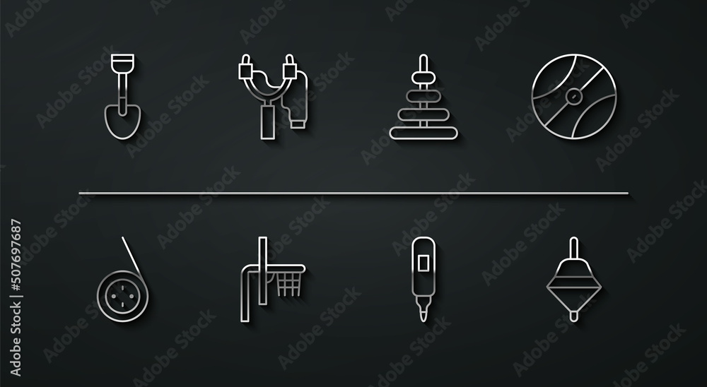 Set line Shovel toy, Yoyo, Basketball ball, Marker pen, backboard, Slingshot, Whirligig and Pyramid icon. Vector Set line Shovel toy, Yoyo, Basketball ball, Marker pen, backboard, Slingshot, Whirligig and Pyramid icon. Vector
