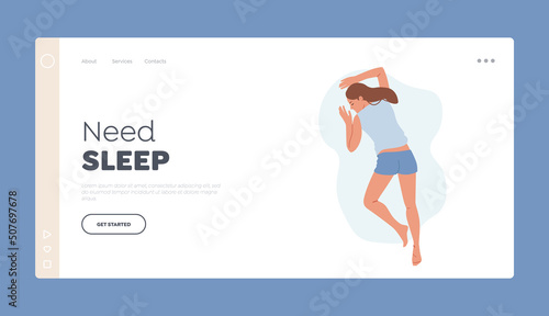 Need Sleep Landing Page Template. Young Woman Wear Pajama Sleep or Nap on Bally, Female Character Sleeping Pose Top View