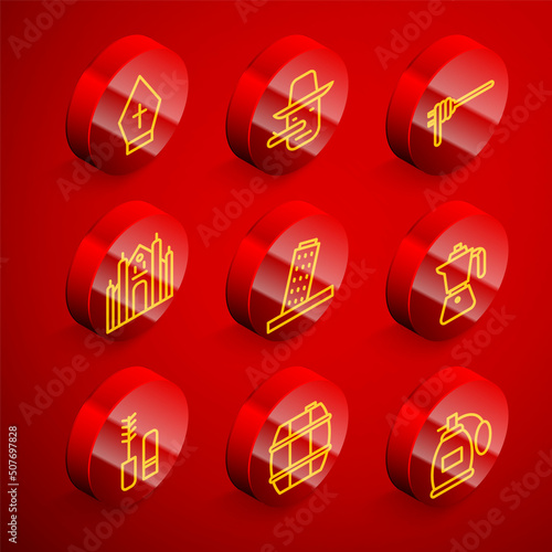 Set line Pope hat, Pinocchio, Pasta spaghetti, Milan Cathedral, Tower Pisa, Coffee moca pot, Mascara brush and Barrel for wine icon. Vector