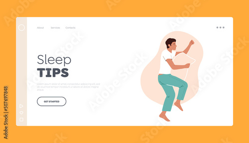 Sleep Tips Landing Page Template. Tired Man in Pajama Sleep on Bed Lying on Side with Pillow between Legs Top View