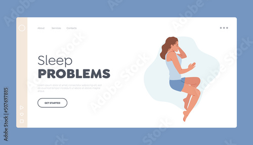 Sleep Problems Landing Page Template. Girl Sleep on Side with Bent Legs. Female Character Sleeping Embryo Pose photo