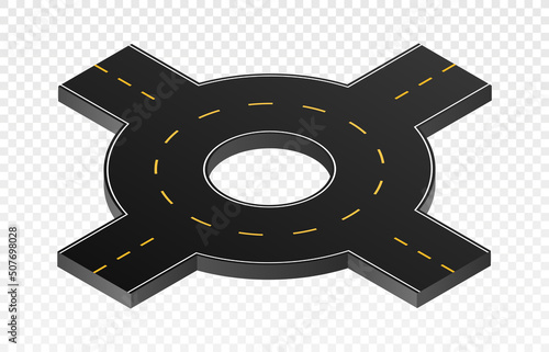 Isometric part road. City junction with several directions. Asphalt ring, special place on map. Constructor for creating streets and traffic. Transportation and path. Isometric vector illustration