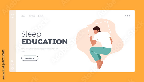 Sleep Education Landing Page Template. Tired Man Embryo Sleeping Pose with Hand under Pillow Top View