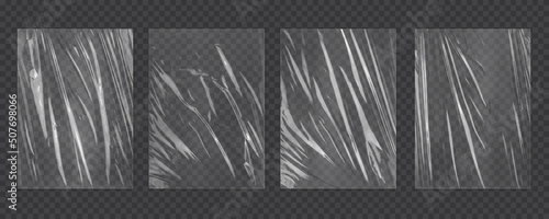 Realistic plastic wrap texture set. Stretched polyethylene cover. Wrinkled surface
