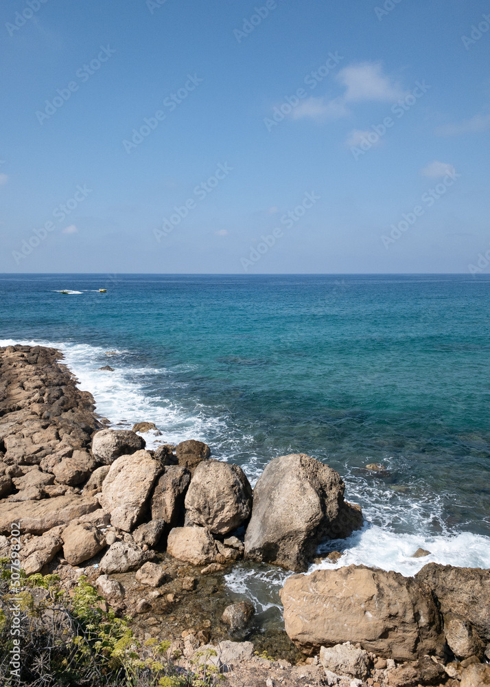 Sea landscape, sea waves crashing against the rocks, Tantura nature reserve, Cyprus 