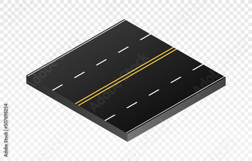 Isometric part road. Wide asphalt highway, place for fast driving to city. Constructor element for creating realistic traffic, transport and travel. Way and path. Isometric vector illustration