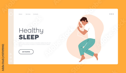 Healthy Sleep Landing Page Template. Dreamy Male Character Sleeping in Relaxed Pose Lying on Bed and Hugging Pillow