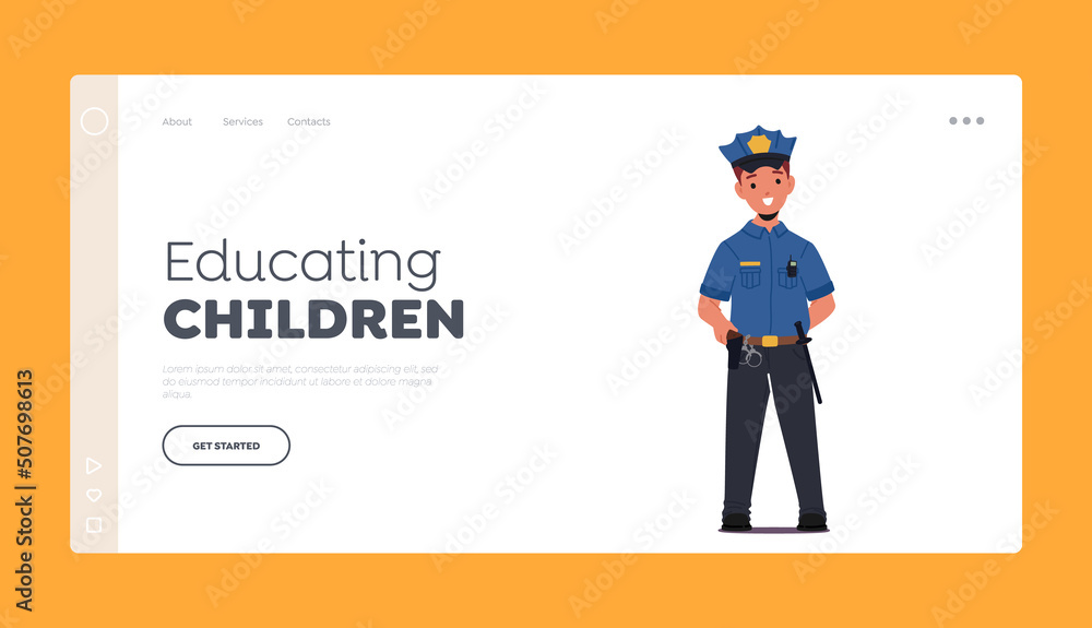 Educating Children Landing Page Template. Child Policeman Character, What I Want to Be When Grow Up. Kid in Cop Costume