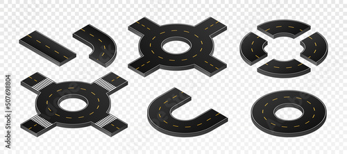 Isometric road circle set. Collection of rings for transport, images to create realistic city traffic, interchanges. Cartoon isometric vector illustrations isolated on transparent background