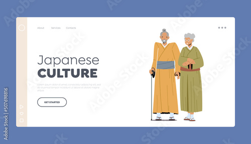 Japanese Culture Landing Page Template. Senior Asian Man and Woman Wear Traditional Kimono. Aged Friendly Couple