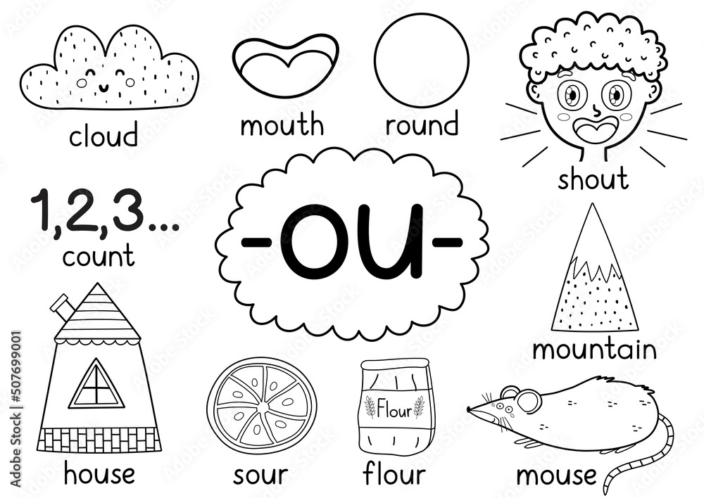 Ou digraph spelling rule black and white activity page for kids with words. Poster to learn -ou- phonics sound for school and preschool. Vector illustration