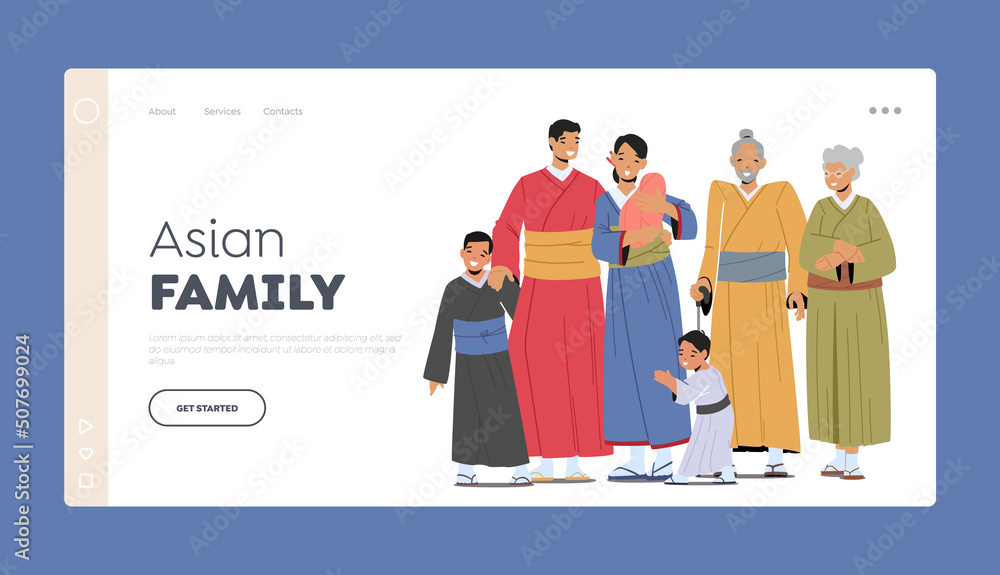 Asian Family Landing Page Template. Happy Young and Old Male and Female Characters. Parents, Grandparents and Kids Asian Family Landing Page Template. Happy Young and Old Male and Female Characters. Parents, Grandparents and Kids