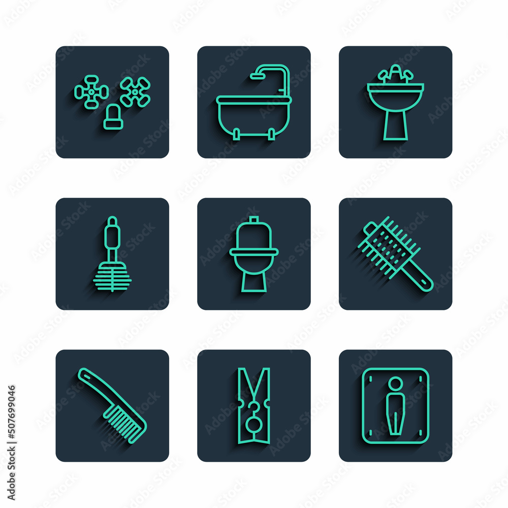 Set line Hairbrush, Clothes pin, Male toilet, Washbasin with water tap, Toilet bowl, Water and icon. Vector Set line Hairbrush, Clothes pin, Male toilet, Washbasin with water tap, Toilet bowl, Water and icon. Vector