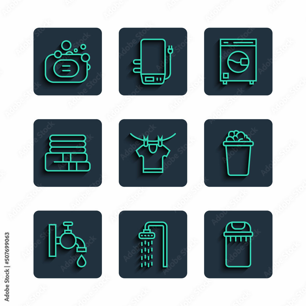 Set line Water tap, Shower, Trash can, Washer, Drying clothes, Towel stack, Bar of soap and Bucket with suds icon. Vector Set line Water tap, Shower, Trash can, Washer, Drying clothes, Towel stack, Bar of soap and Bucket with suds icon. Vector