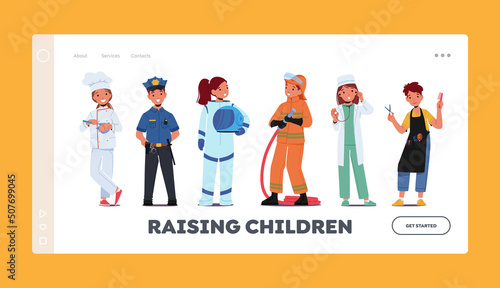 Kids Future Career Landing Page Template. Professions Chef, Policeman, Astronaut, Firefighter, Doctor and Hairdresser