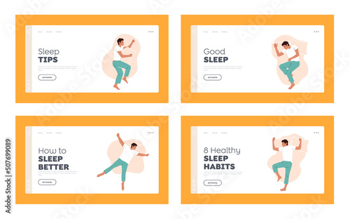 Sleep or Nap Recreation Landing Page Template Set. Men Sleep or Relaxing in Different Sleeping Poses Top View