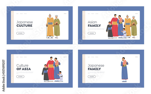 Asian Family Landing Page Template Set. Happy Young and Old Male and Female Characters. Parents, Grandparents and Kids