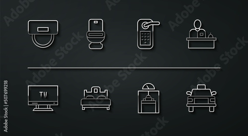 Set line Bellboy hat, Smart Tv, Hotel reception desk, Lift, Bedroom, Toilet bowl, Taxi car and Digital door lock icon. Vector