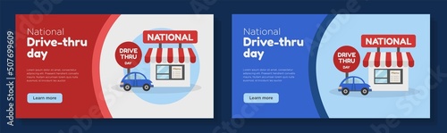 National drive thru day online banner template set, restaurant food pickup point advertisement, horizontal ad, Drive-Thru day, 24 July 2022 webpage, pick-up service creative brochure, isolated