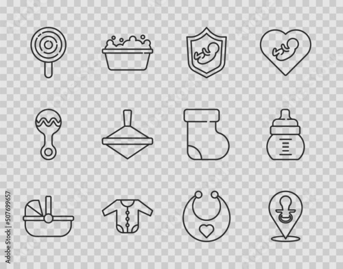 Set line Baby stroller, dummy pacifier, on shield, clothes, Lollipop, Whirligig toy, bib and bottle icon. Vector