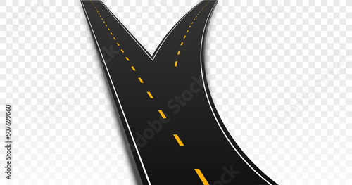Winding and fork highway. Path with fork, asphalt strip. Change of direction and choice. Element of constructor for creating traffic. Cars and other vehicles. Realistic isometric vector illustration