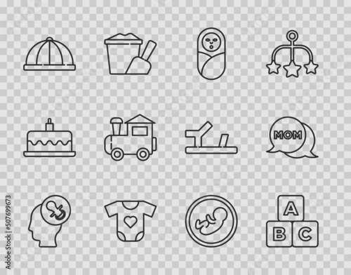 Set line Baby dummy pacifier, ABC blocks, Newborn baby infant swaddled, clothes, hat, Toy train, and Speech bubble mom icon. Vector