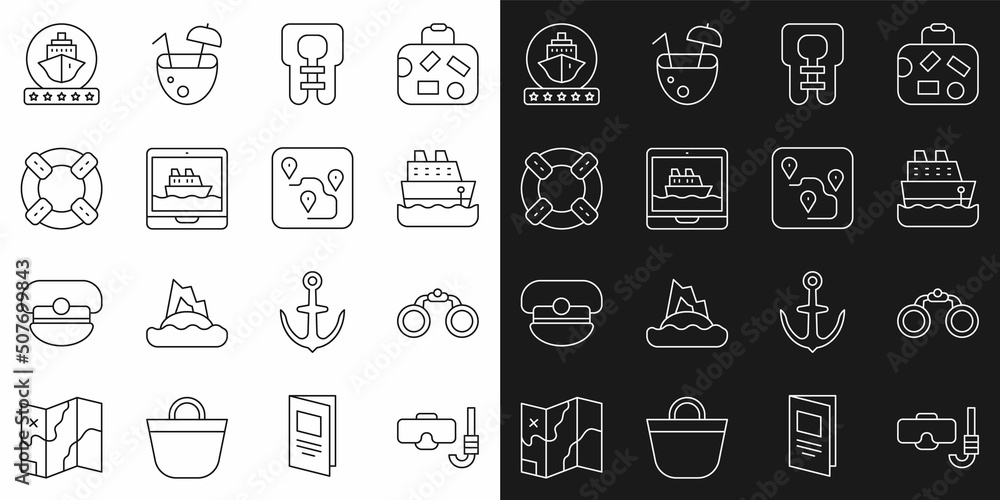 Set line Diving mask and snorkel, Binoculars, Cruise ship, Life jacket, Lifebuoy, and Route location icon. Vector