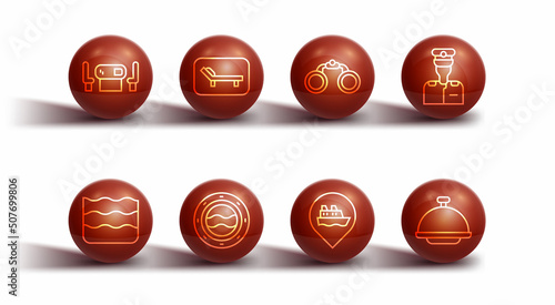 Set line Poker table, Wave, Captain of ship, Location with cruise, Ship porthole seascape, Sunbed and umbrella, Covered tray and Binoculars icon. Vector