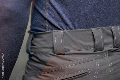 men's waterproof pants. Men's pants close-up. Waterproof fabric 