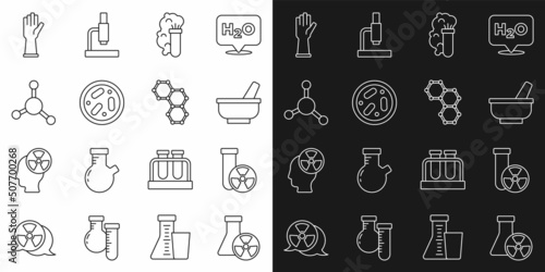 Set line Test tube radiation, Mortar and pestle, Chemical explosion, Petri dish with bacteria, Molecule, Medical rubber gloves and formula icon. Vector