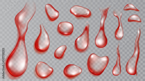 Set of realistic translucent water drops in red colors in various shape and size, isolated on transparent background. Transparency only in vector format